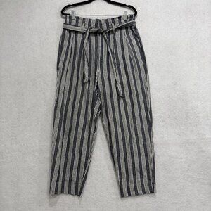 Madewell Pants Womens 6 Blue Striped Linen Cotton Paperbag High Rise Cropped
